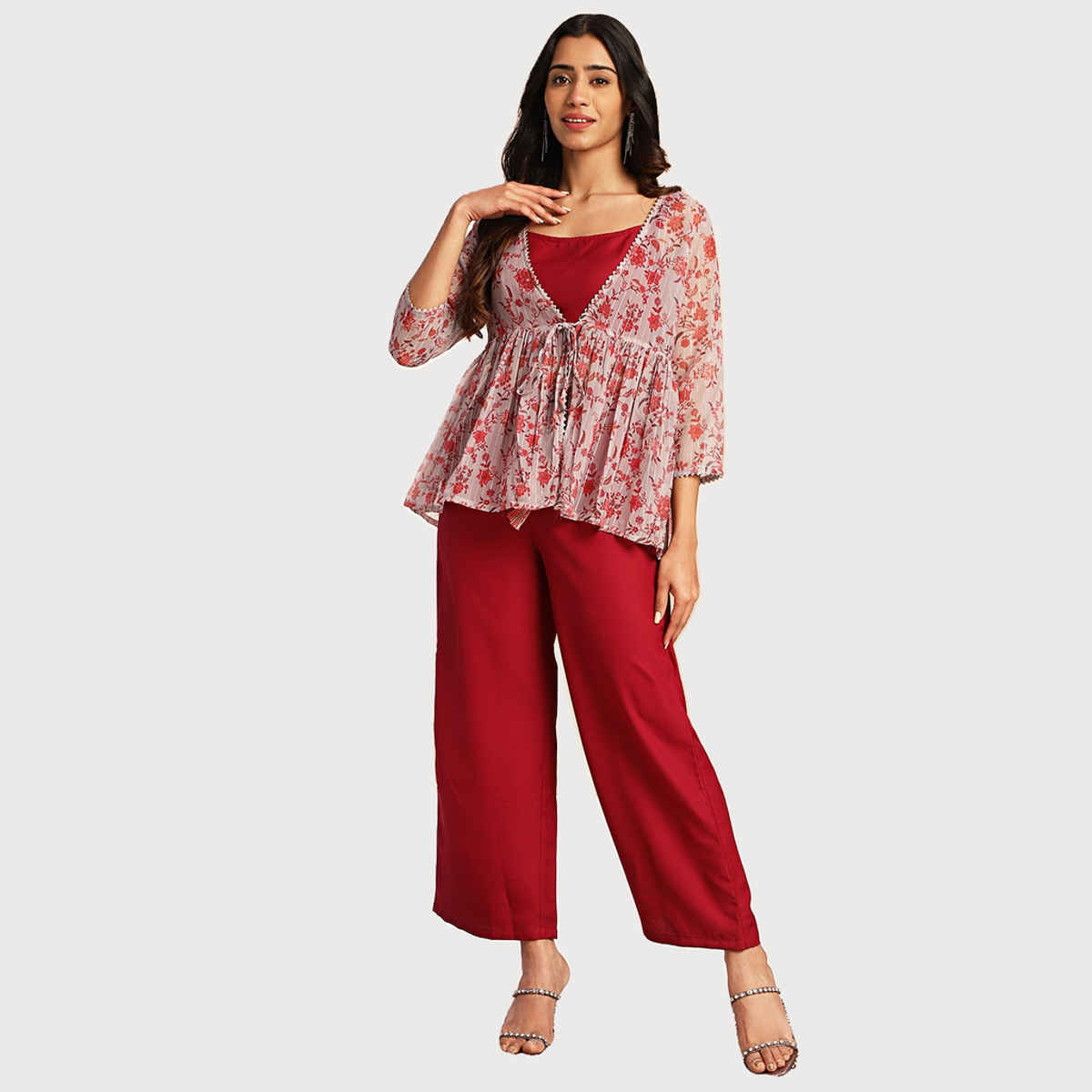 Janasya Women's Wine Crepe Solid Crop Top with Pant and Jacket - S