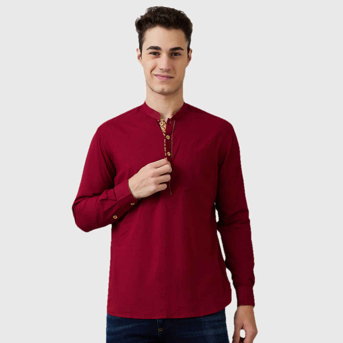 Ethnix by Raymond Men's Fit Pure Cotton Full Sleeve Folded Collar Short Kurta | Dark Red - L