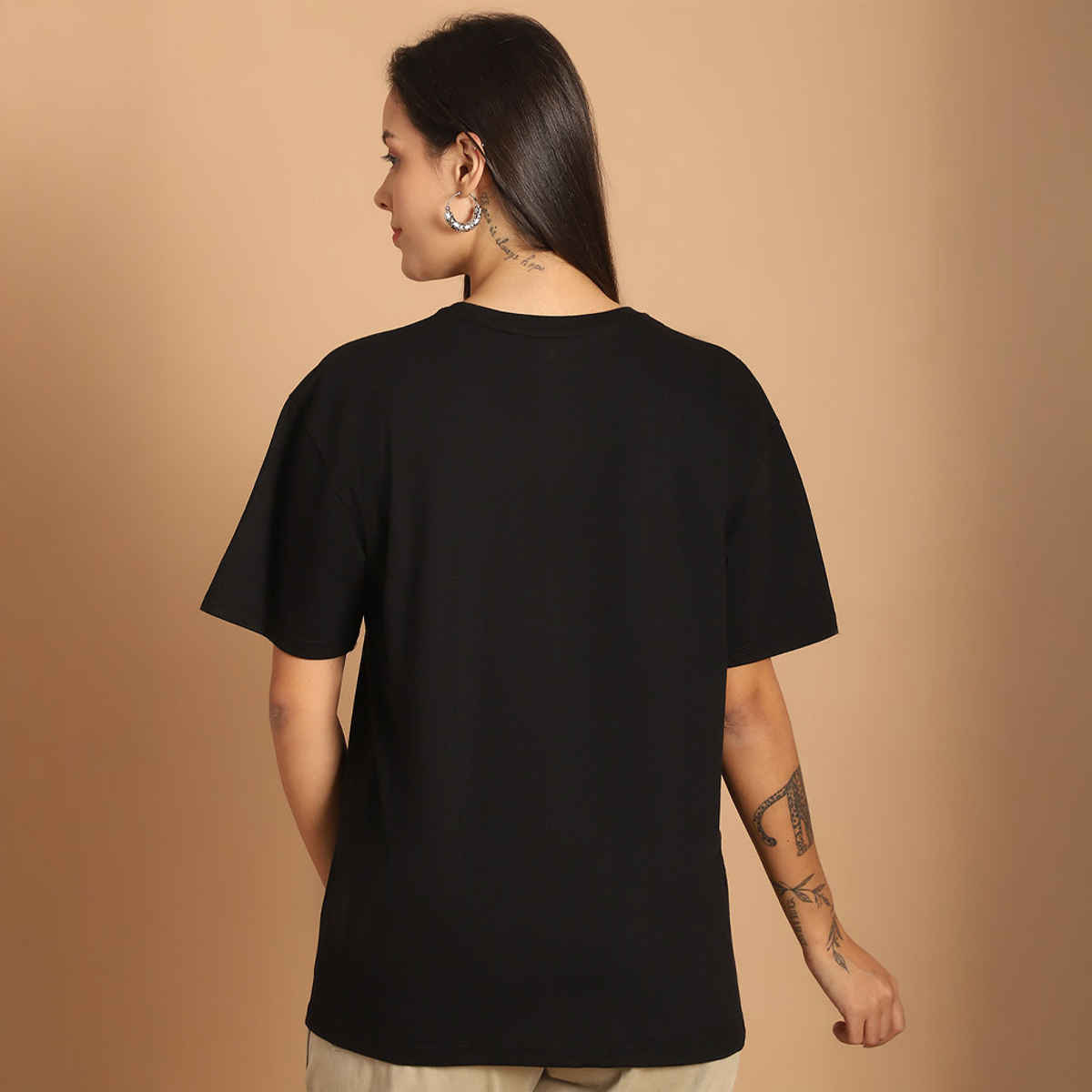 Fabflee Women Oversize Cotton Printed Round Neck Tshirt | Black | FAB-OS-501 | S