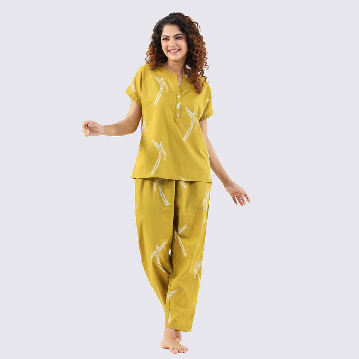 Sanskrutihomes Graphic Printed Pure Cotton Night Suit | Yellow - L