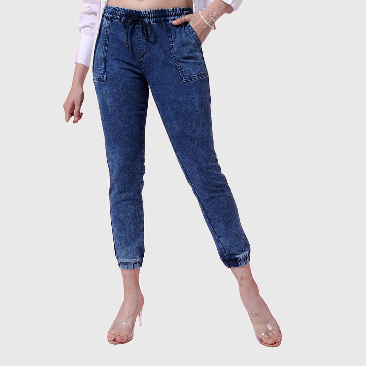 Freehand Women's Mid-Rise Dark Washed Joggers With Elasticated Drawstring At Waist | Blue - 28