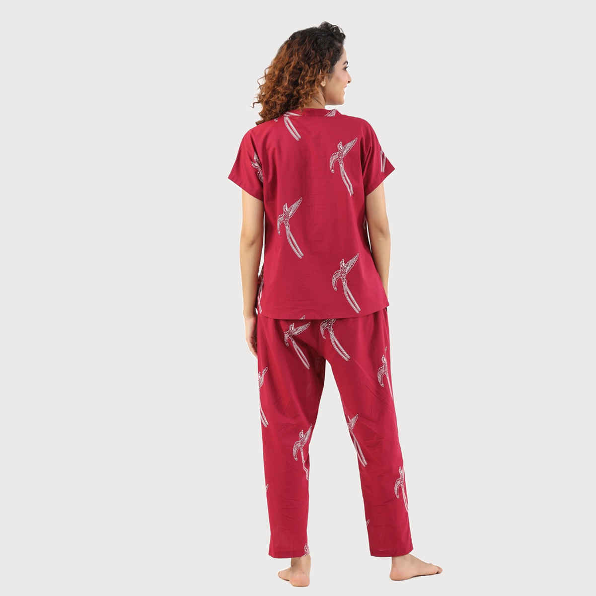 Sanskrutihomes Conversational Printed Mandarin Collar Pure Cotton Night Suit | Magenta - S