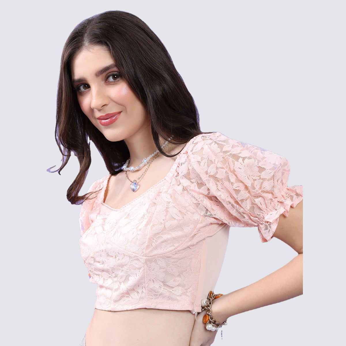 Tokyo Talkies Women's Floral Self Design Puff Sleeves Fitted Crop Top | Pink - XL
