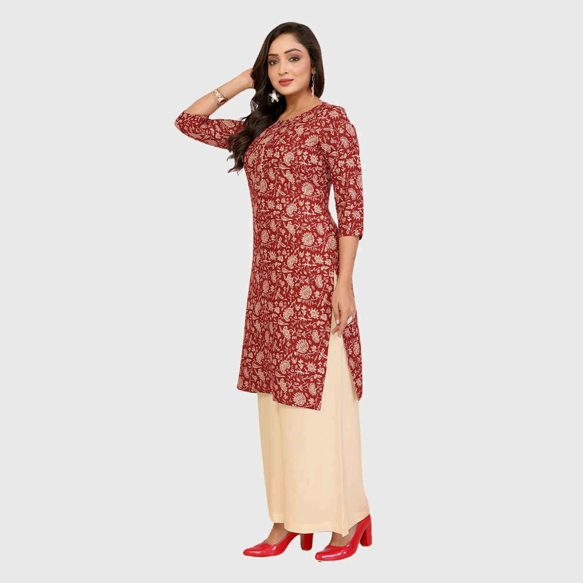 Rangita Women's Rayon Printed Straight Knee Length Kurta | Maroon - S