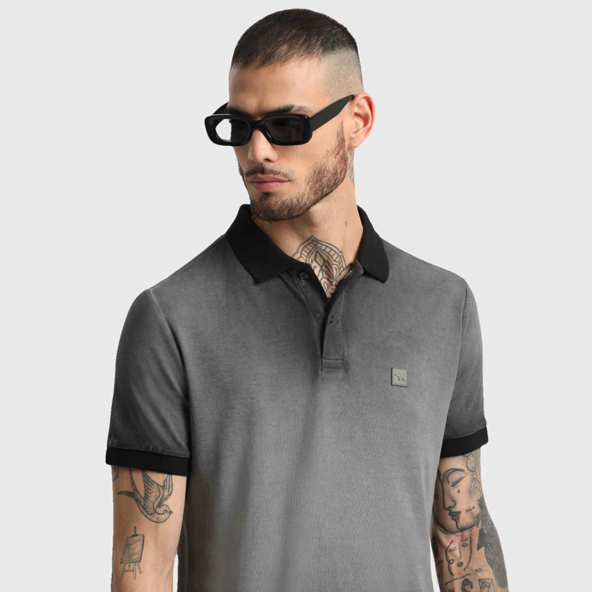 THE BEAR HOUSE Men's Solid Polo T-shirt | POL-RIME-BK | Grey - S