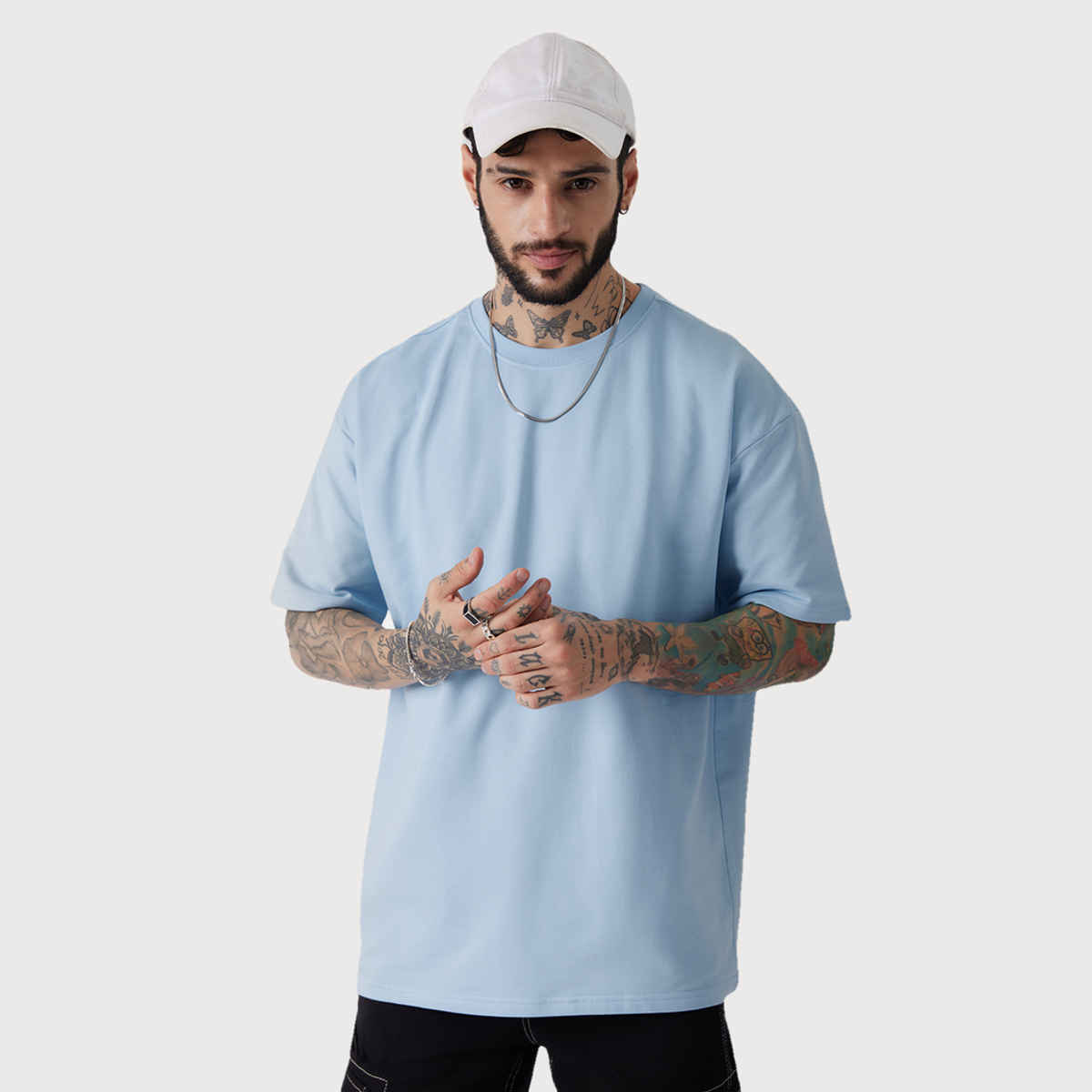 The Souled Store Men's Solids Powder Blue Oversized T-shirt | Blue - L
