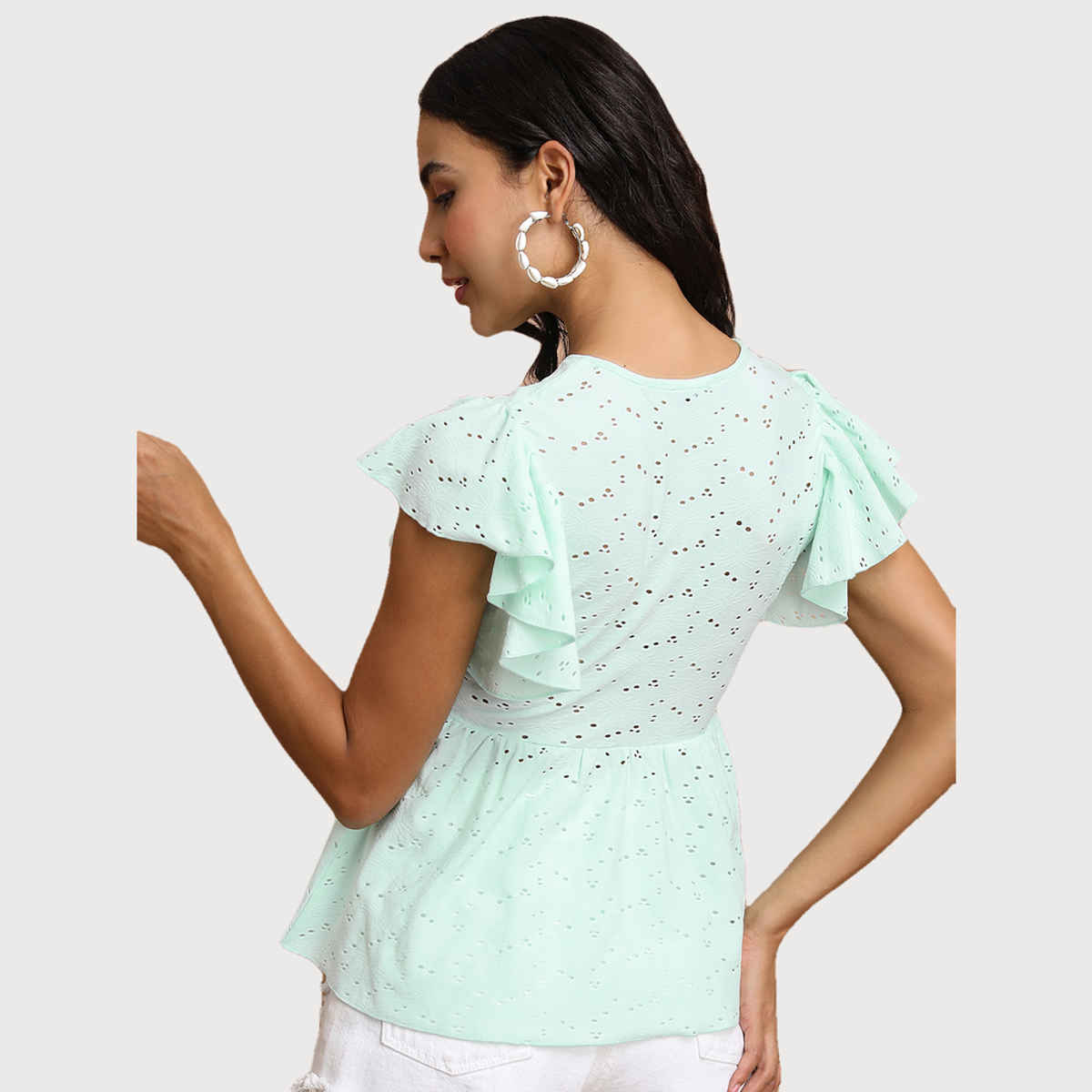 Tokyo Talkies Women's Schiffli Peplum Top with Tie-Up Neck and Flutter Sleeves | Blue - S