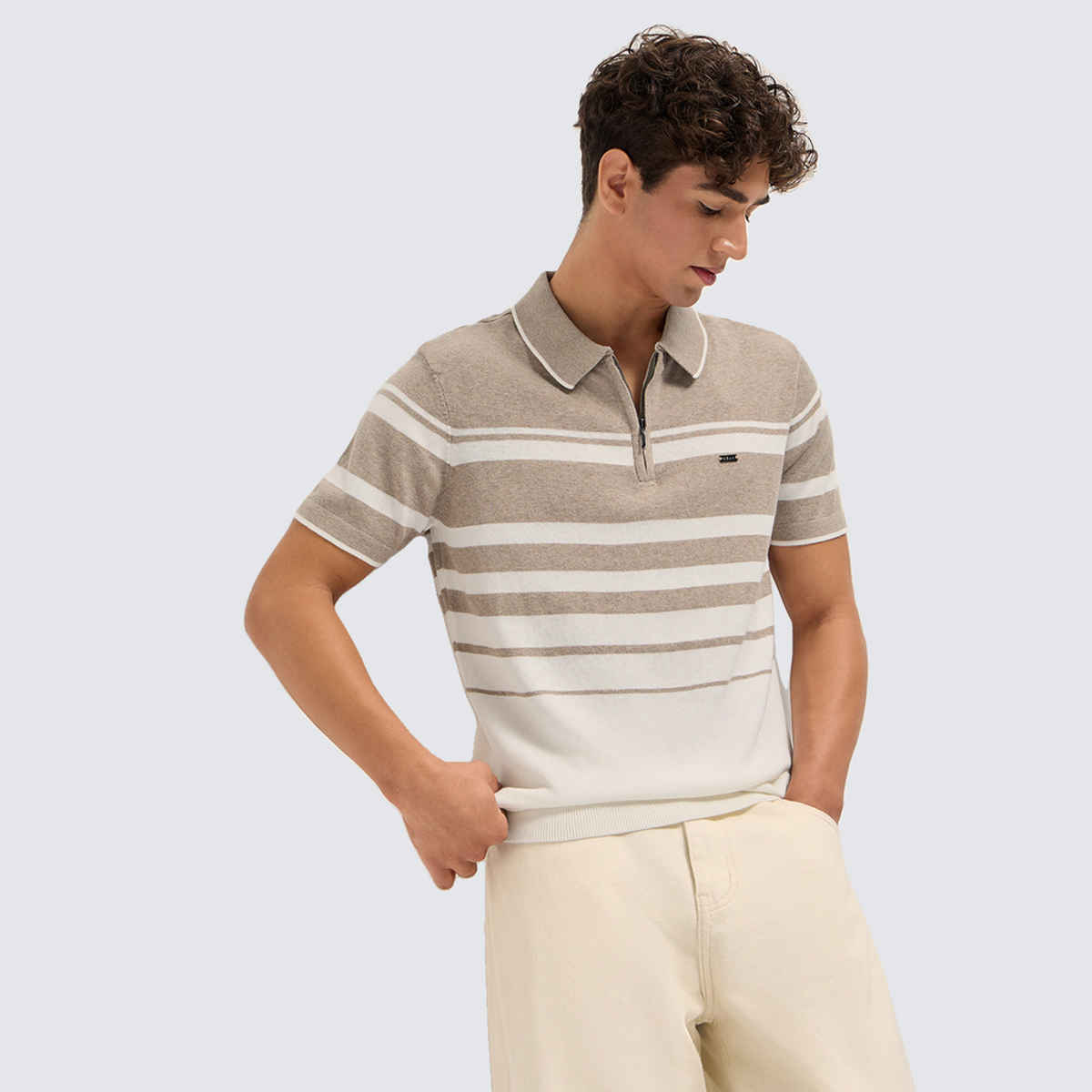 The Bear House Men's Striped Textured Flat Knit Slim Fit Polo Shirt | Beige and White - L