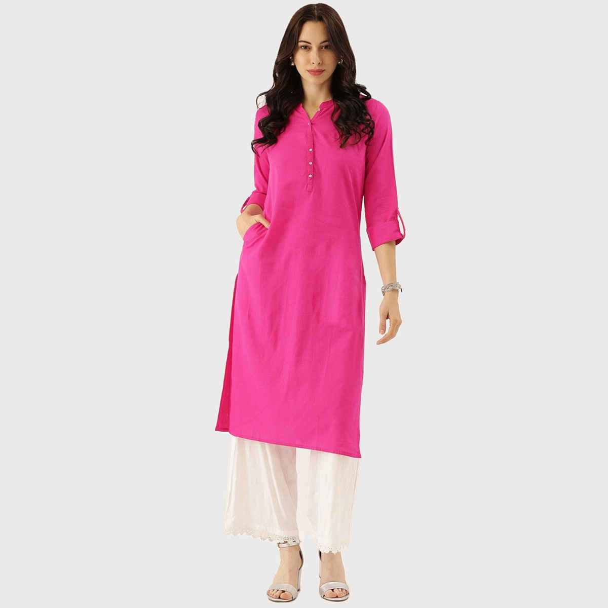 Divena Women's Pink Solid Straight Roll up Sleeve Kurti DK0563 | M