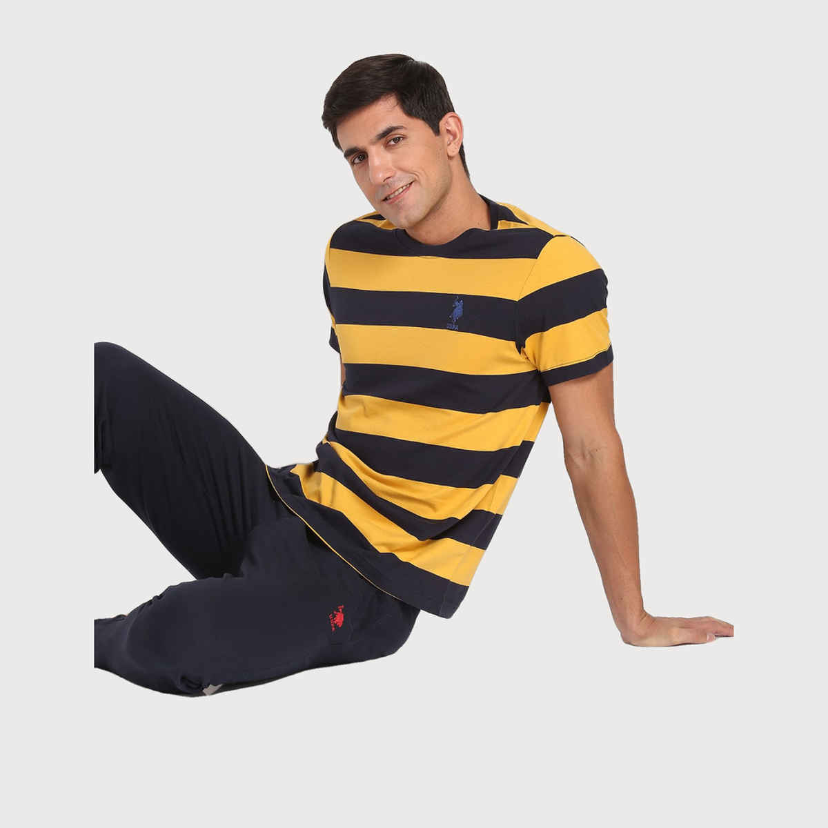 U.S. Polo Assn. Men's Crew Neck Striped Lounge T-Shirt | Yellow and Navy - XL