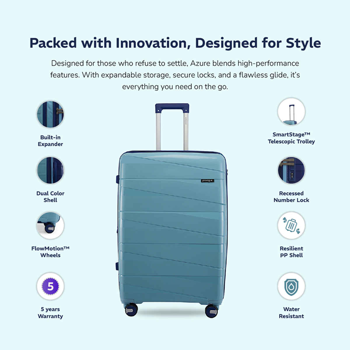 Provogue Azure Hard-Sided PP Medium Check-in Luggage Trolley Bag | Saphire-Peacock Blue - 65 cm