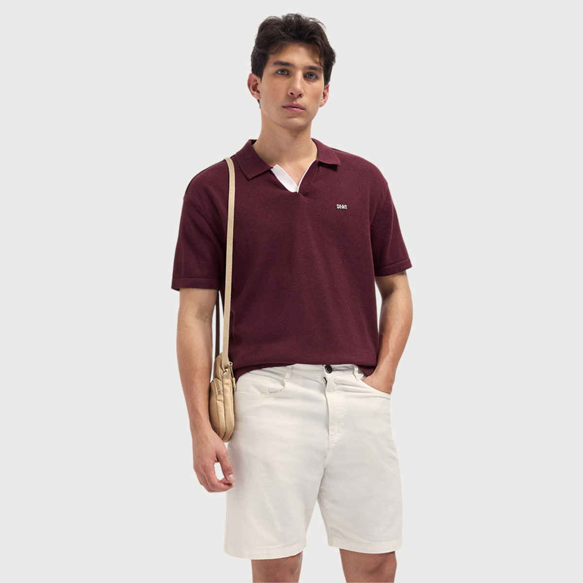 The Bear House Men's Solid Relaxed Fit Polo with BEAR Badge Detail | Maroon - M