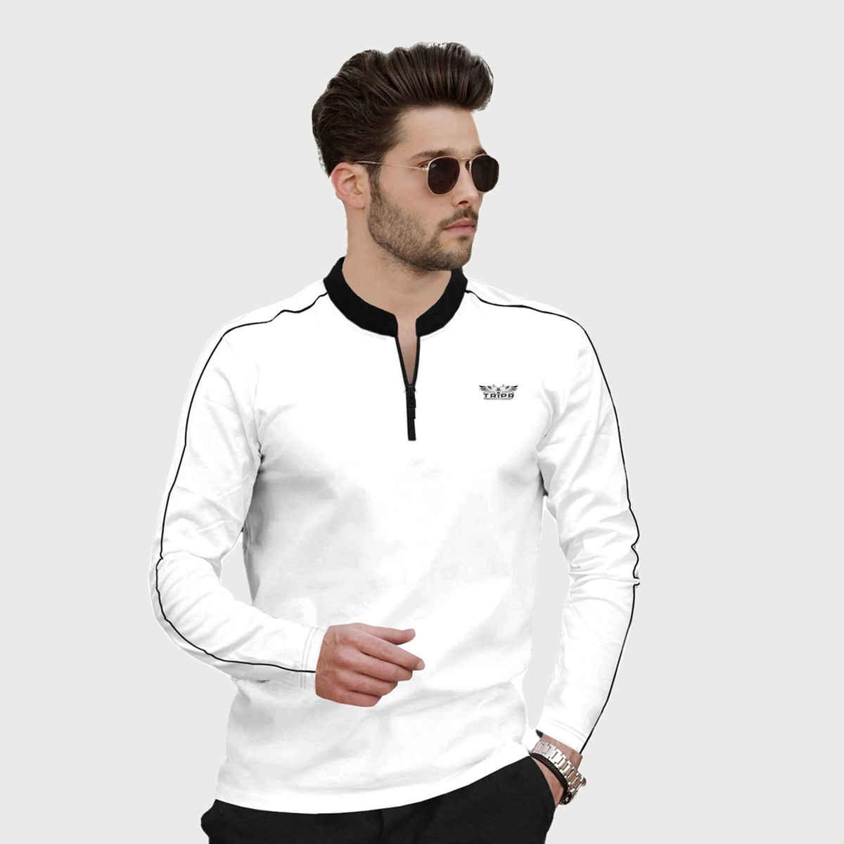 TRIPR Men Cotton Blend Mandarin Collar T-shirt | White and Black - 2XL