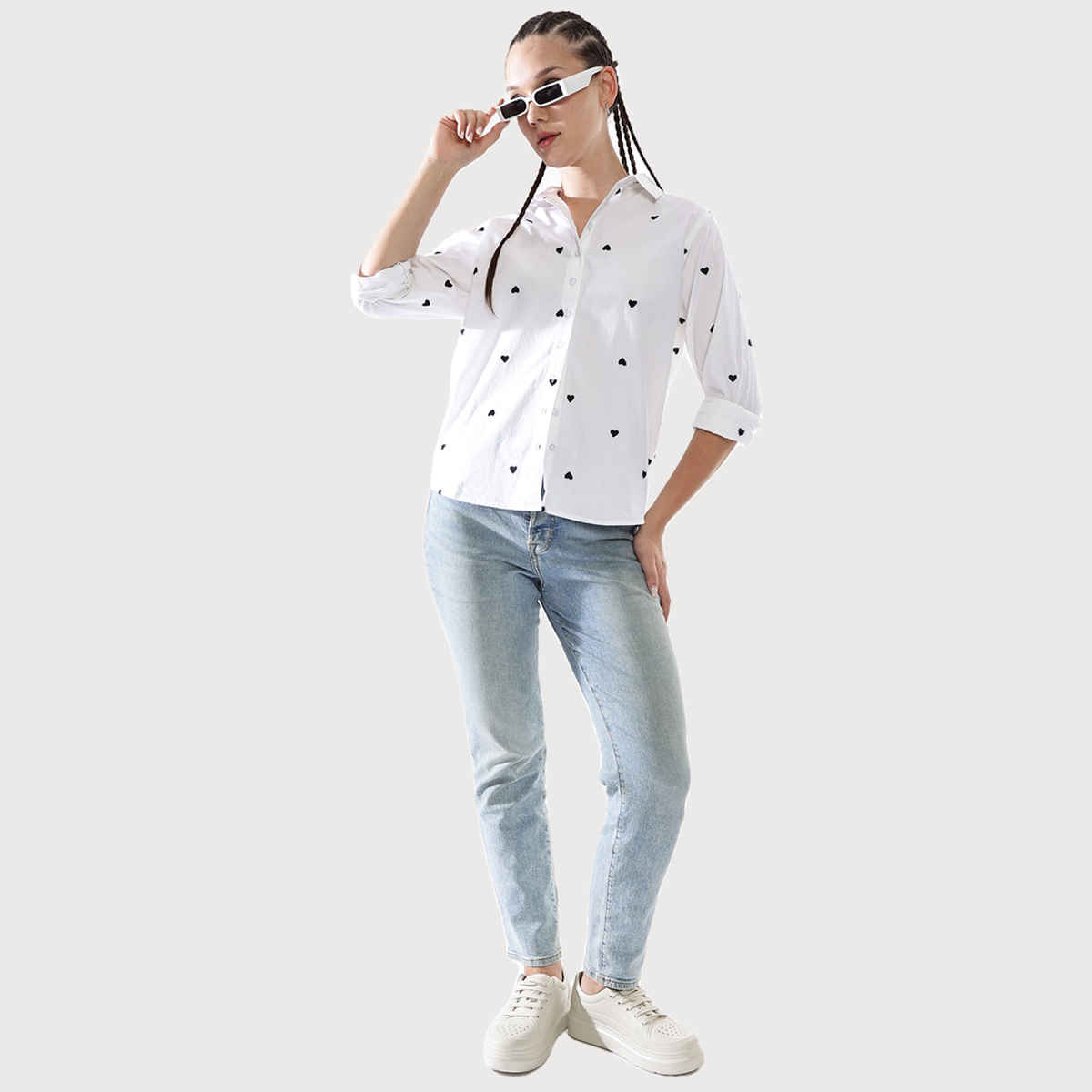 Hubberholme Women's Embroidery Oversized Spread Collar Shirt | Multicolor - XL