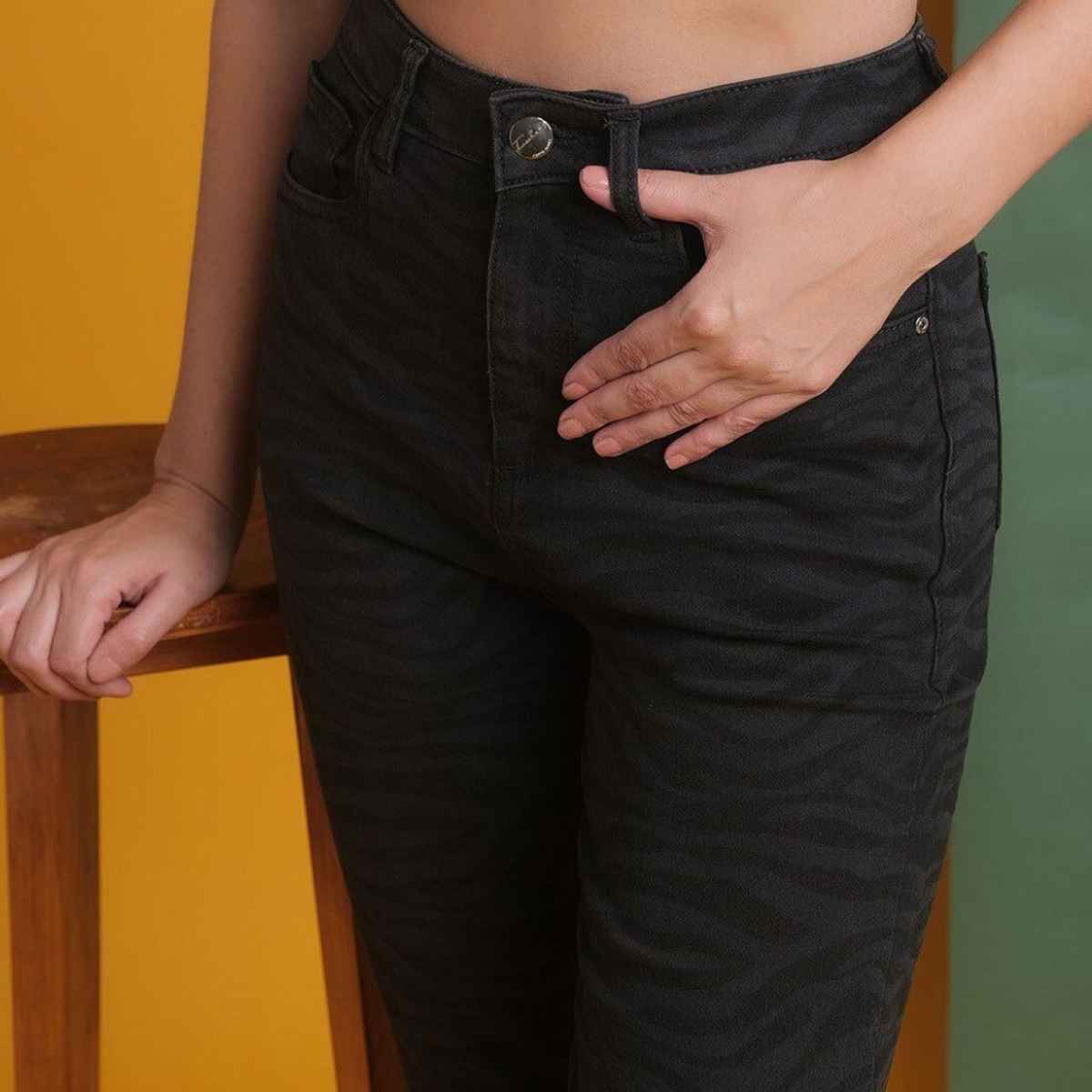 Freehand Women's Animal Print Straight Denim Jeans | Black - 34