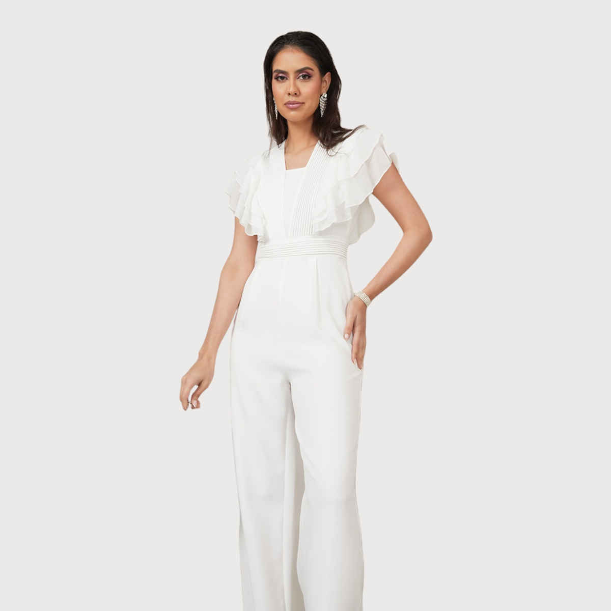 Styli Women's Wide Leg Jumpsuit with Ruffle Sleeves and Pleats | White - XL