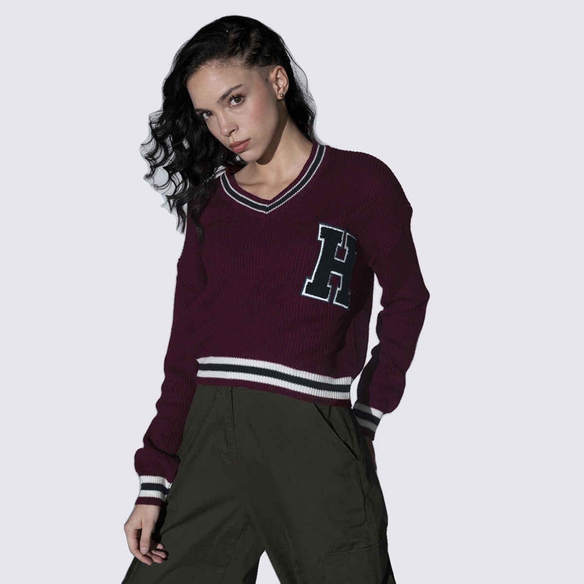 Hubberholme Women's V-Neck Self Design Typography Acrylic Pullover | Maroon - M