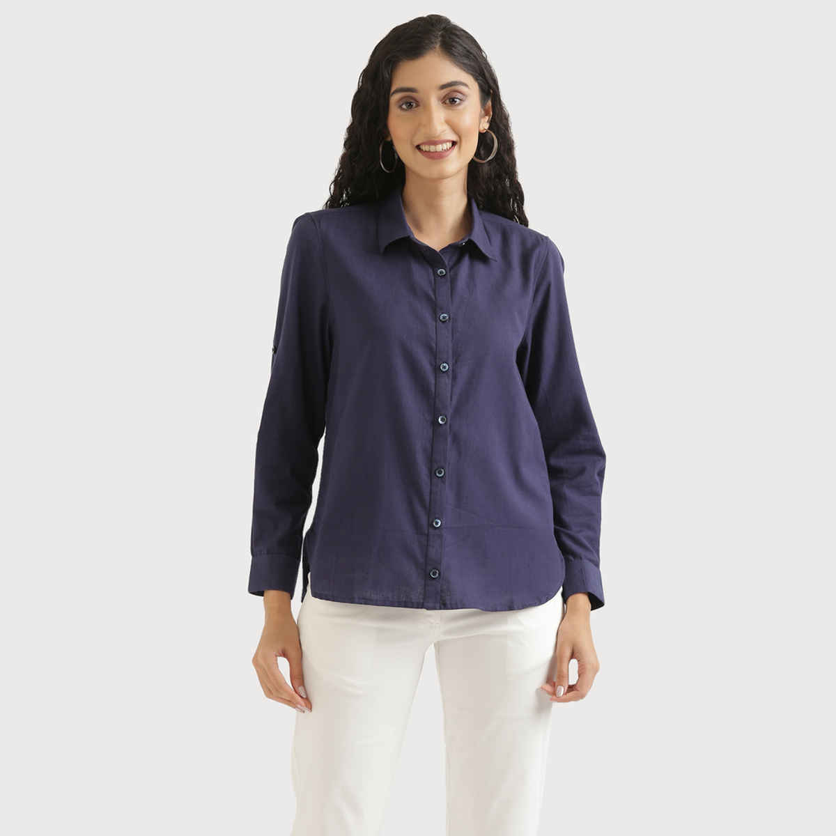 Saadaa Women's Airy Solid Linen Shirt | Navy Blue - M