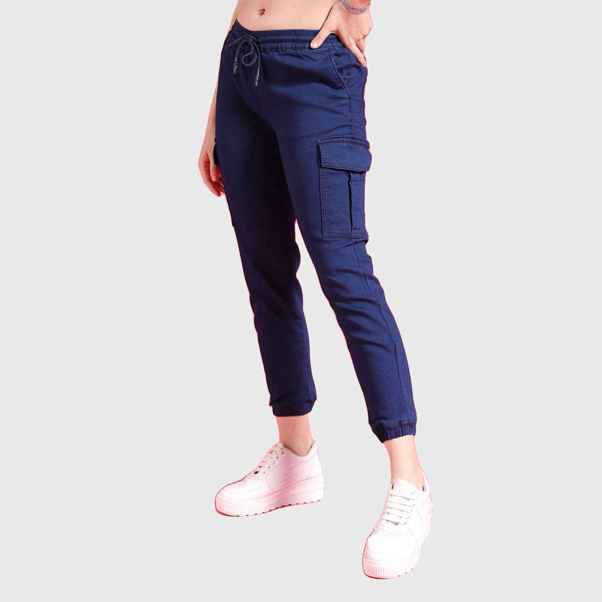 Freehand Women's Mid-Rise Dark Washed Joggers With Elasticated Drawstring At Waist | Blue - 30
