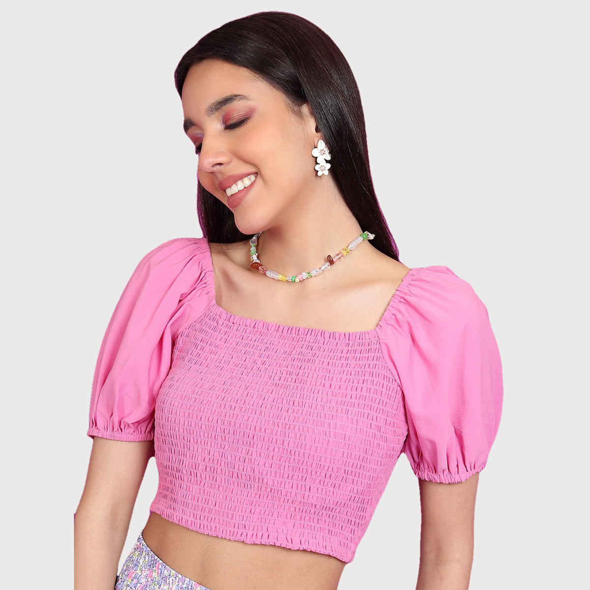 Ketch Women's Square Neck Puff Sleeve Smocked Crop Top | Pink - M