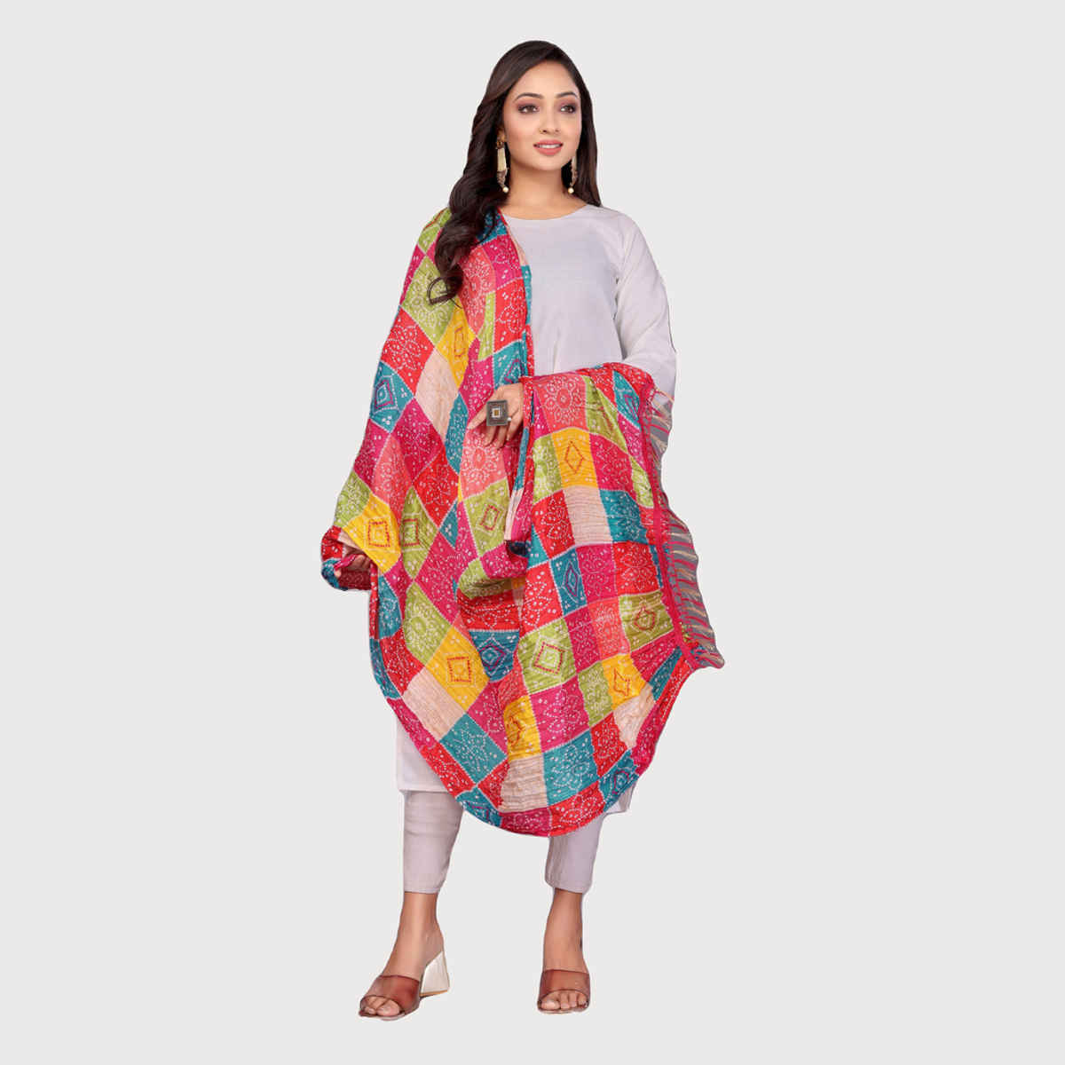 Fabflick Chinon Crush Printed Multicolor Tassel Embellished Women's Dupatta | CHNCR-002