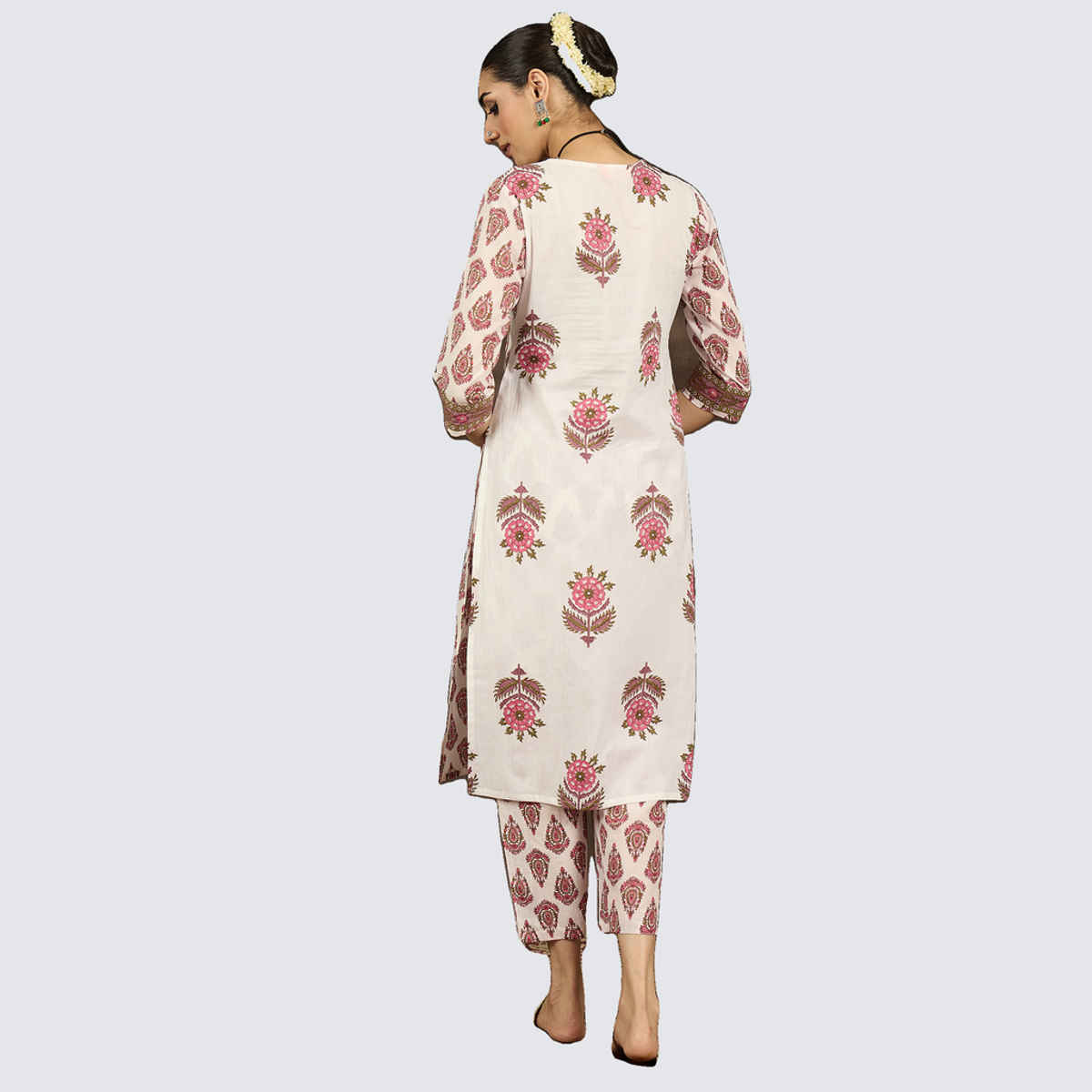 INDO ERA Women's Printed Straight Kurta Pant Set | KS0WH10771 | White - M