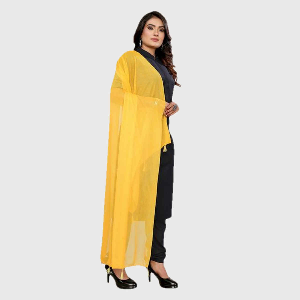 FABFLICK Lycra Made Plain Solid Women's Dupatta With Tassels | Yellow