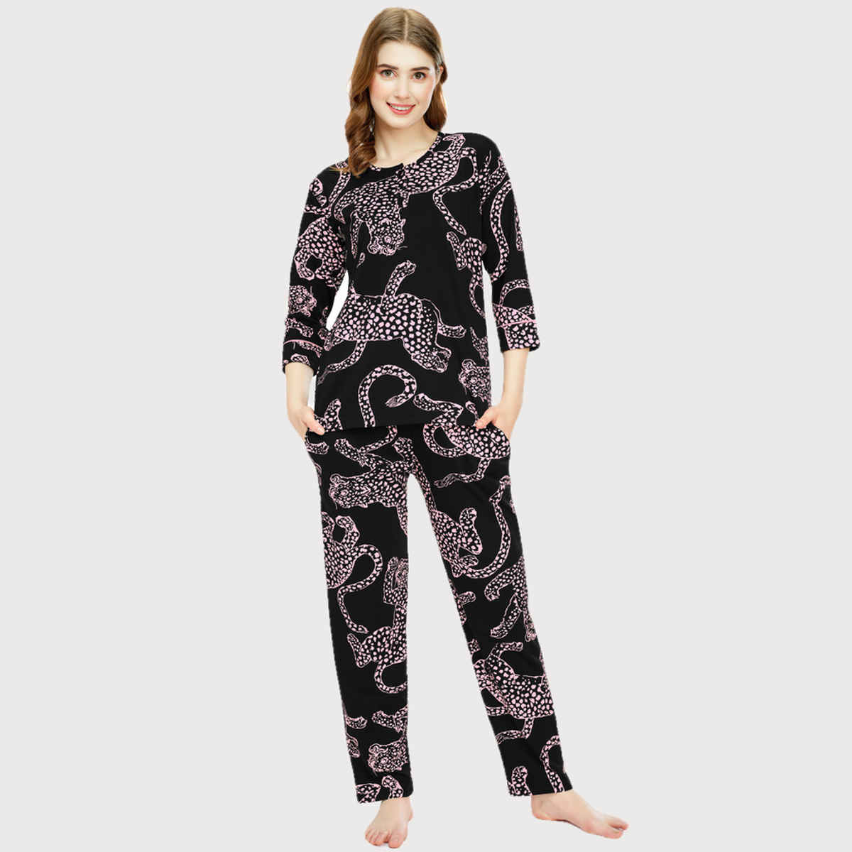 Zeyo Night Suit for Women Black Leopard Printed Cotton Night Dress of Top & Pajama Set 5787-BK- XXL