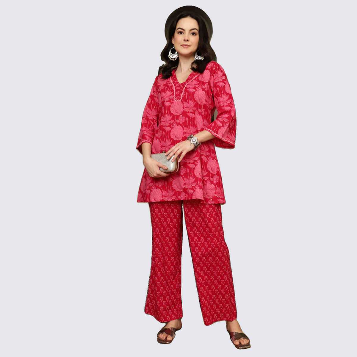 Bandia Women's Floral Printed Lace Embellished Co-Ords Set | Red - L