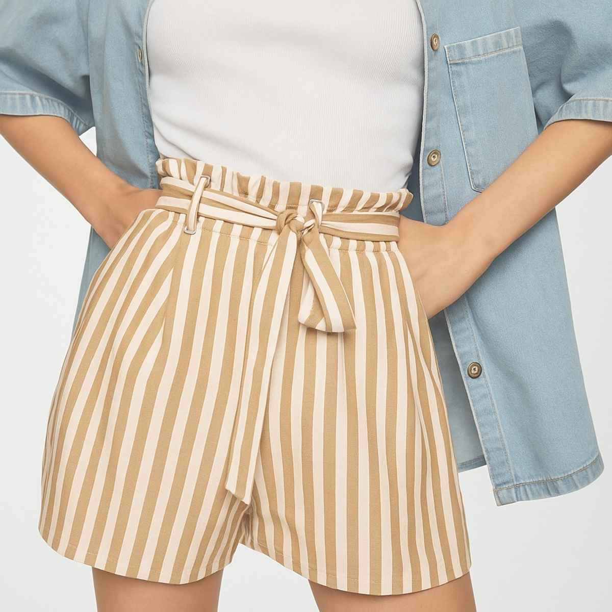 Luxrio Women's Shorts Cotton Striped Shorts | WMNSHORTSSTRP | Beige - S