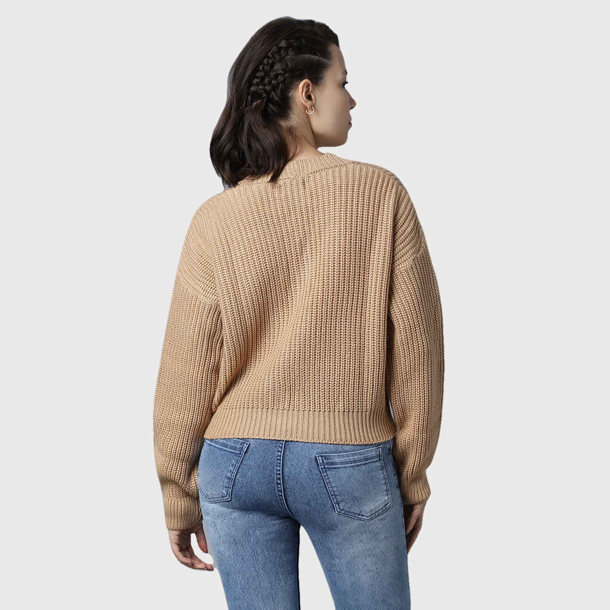 High Star Women's Ribbed V-Neck Long Sleeves Acrylic Cardigan | Sand - XL