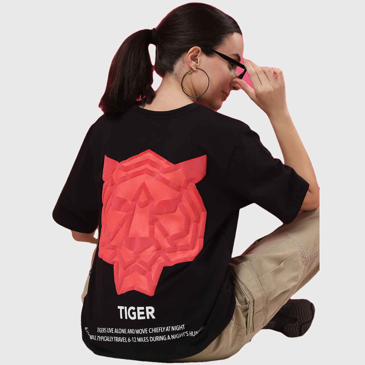 Rigo Women Terry Oversized Back Tiger Printed T-shirt | Black - L