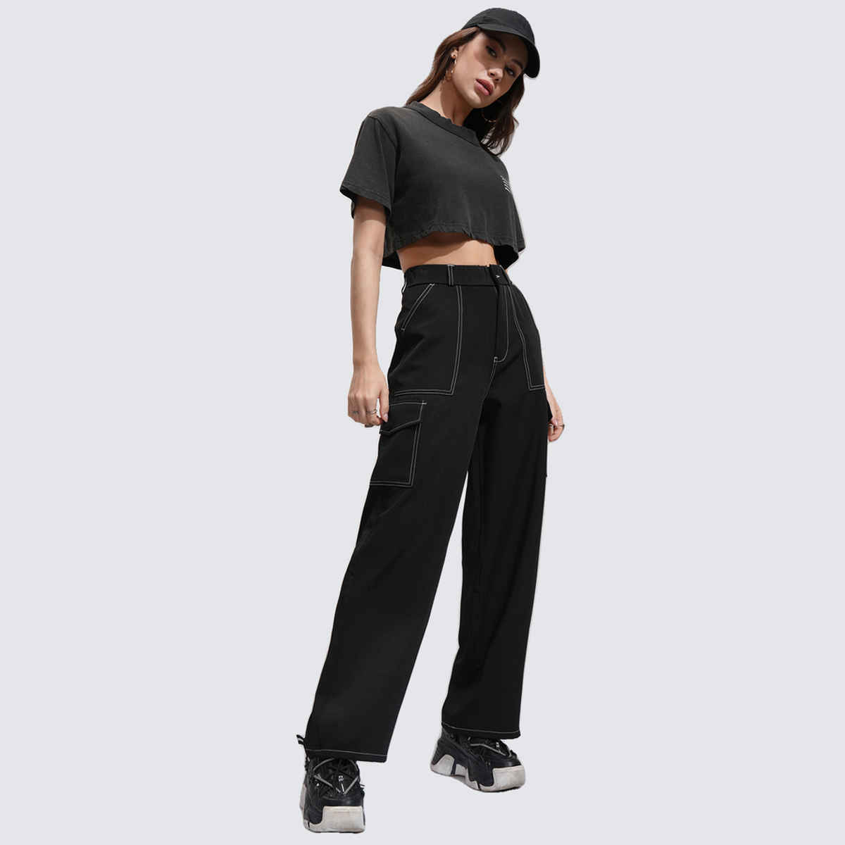 Tokyo Talkies Women's High Rise Straight Fit Cargo Trouser| Black - 32