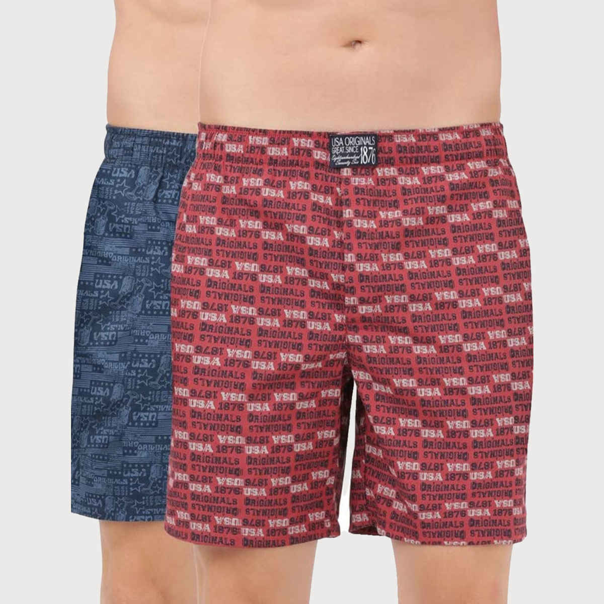 Jockey US57 Men's Combed Cotton Woven Printed Underwear Boxer Short-Side Pocket | PO2 | Navy-Brick Red - M