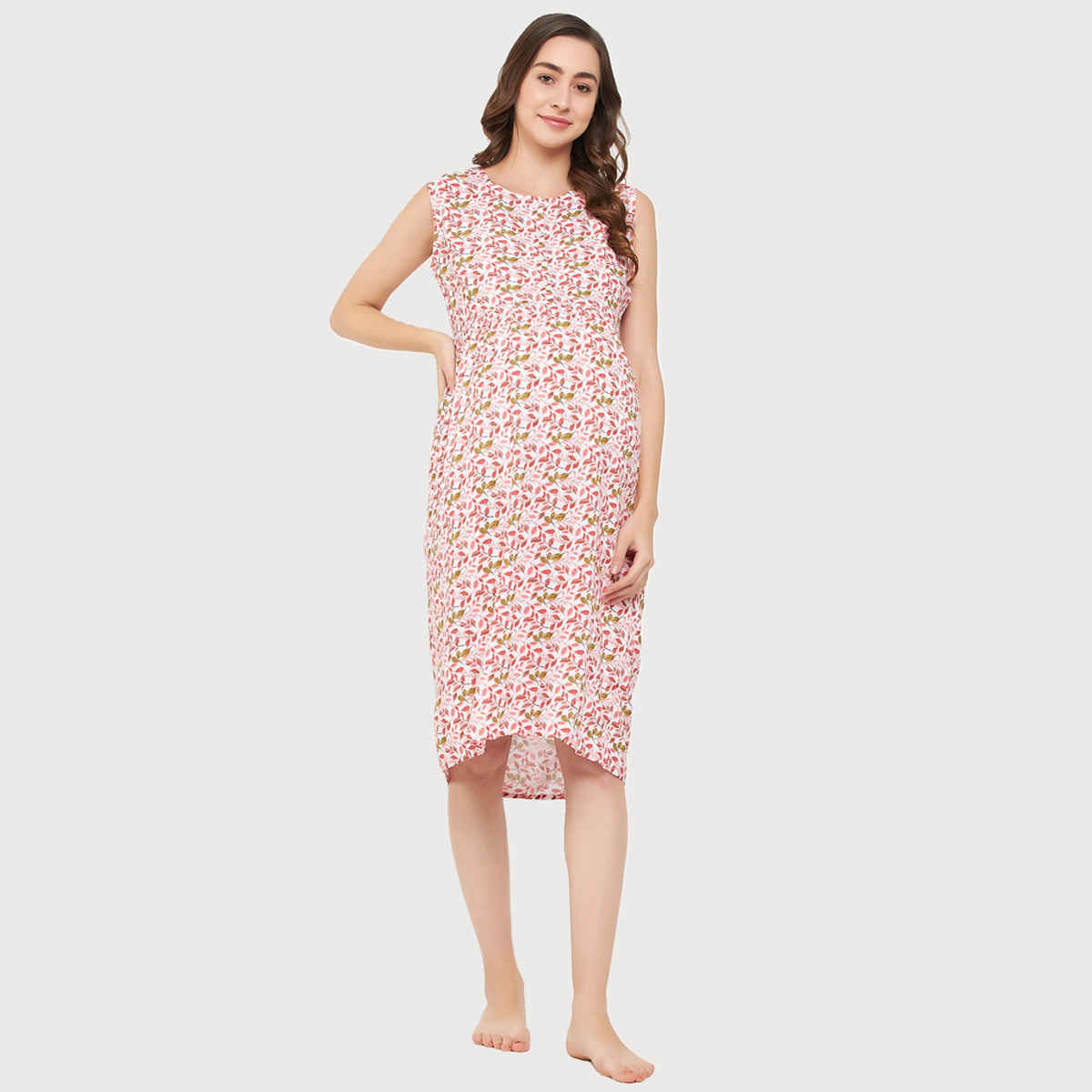 Clovia Maternity Leaf Print Sleep Dress - Rayon(White - S)