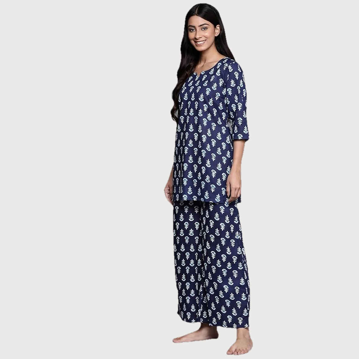 Libas Women Navy Blue Pure Cotton All-Over Floral Night Suit Set - 50133M