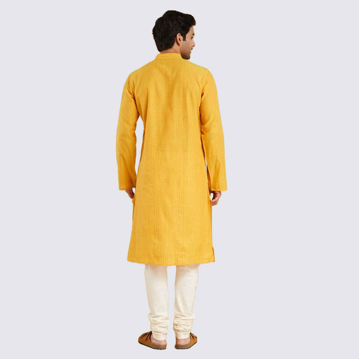 Fabindia Men's Cotton Slim Fit Long Kurta | Yellow - S