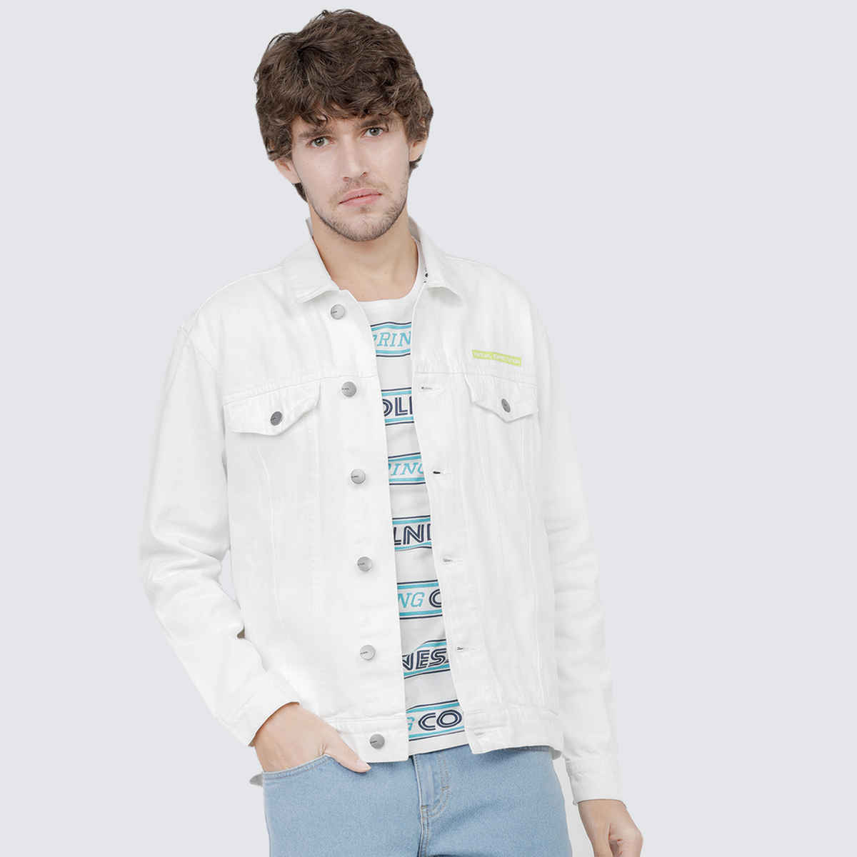 Highlander Men's White Solid Denim Jacket | White - XL