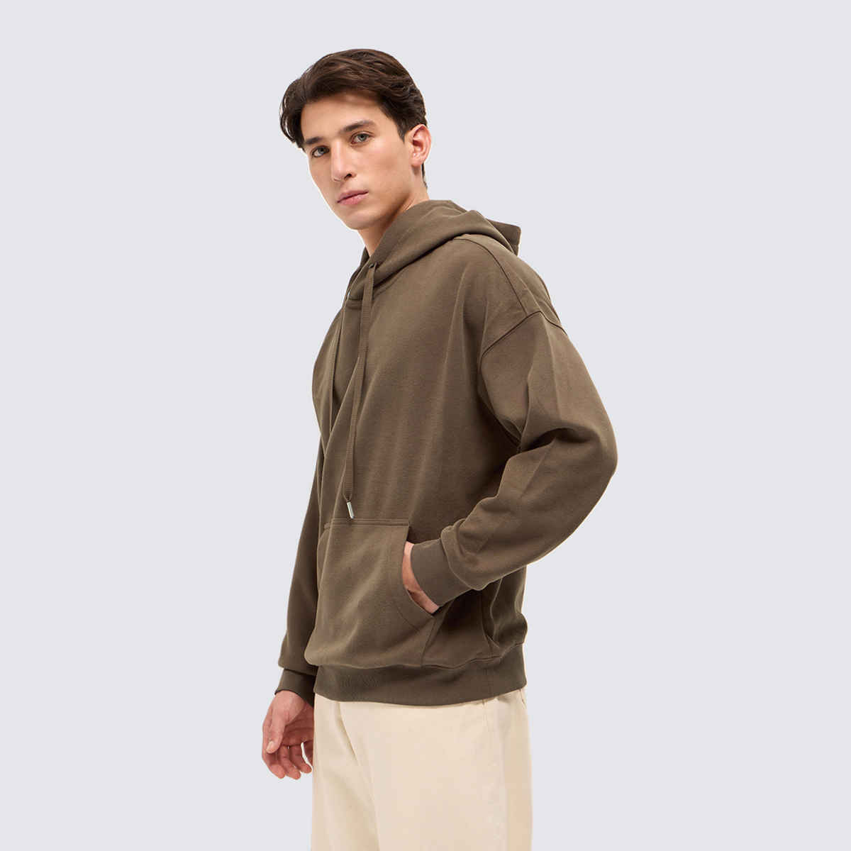 The Bear House Men's Solid Relaxed Fit Hoodie with Kangaroo Pocket | Brown - L