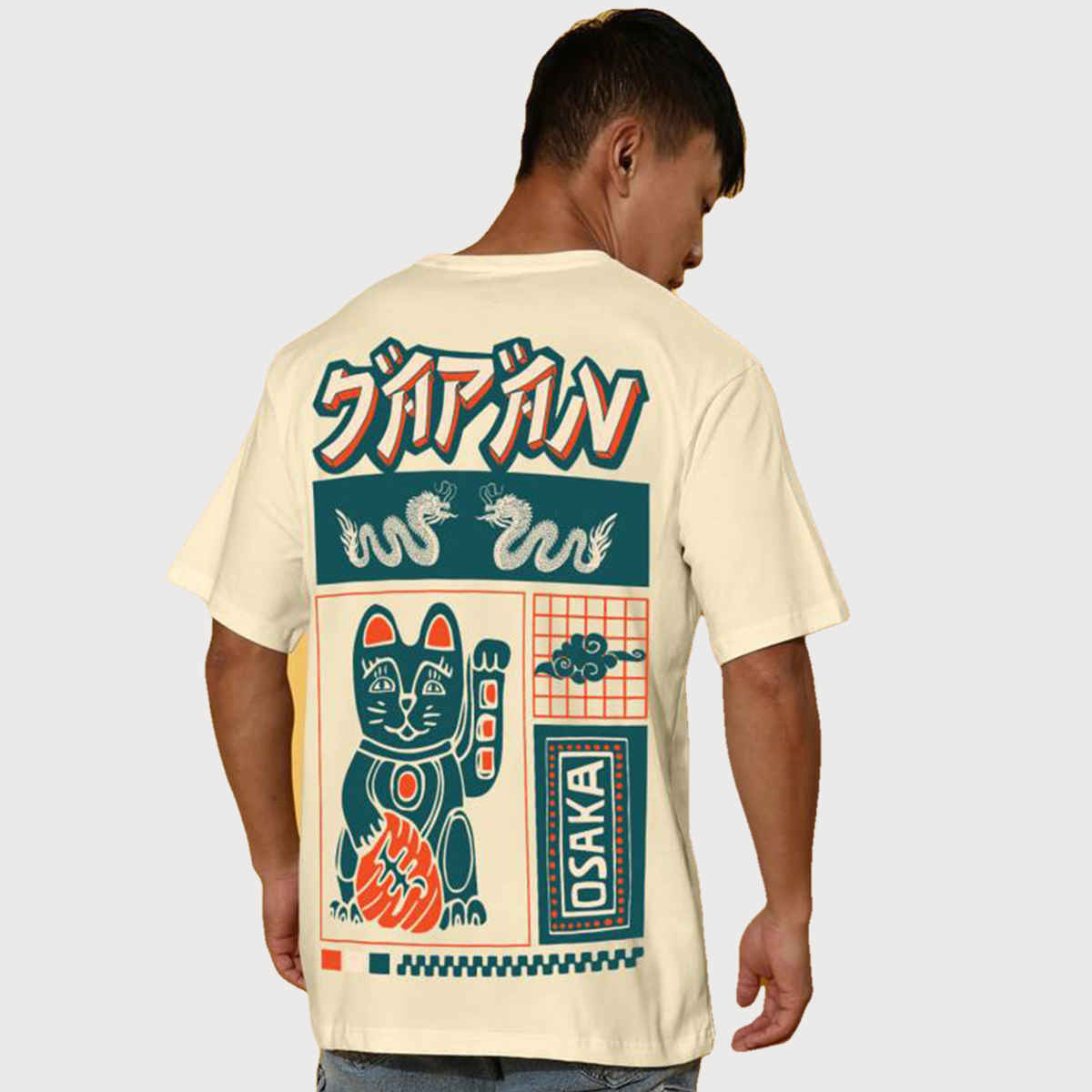 VEIRDO Men's Printed Oversized T-shirt | OS 100 JAPNOSAKA SW | Swan White - L