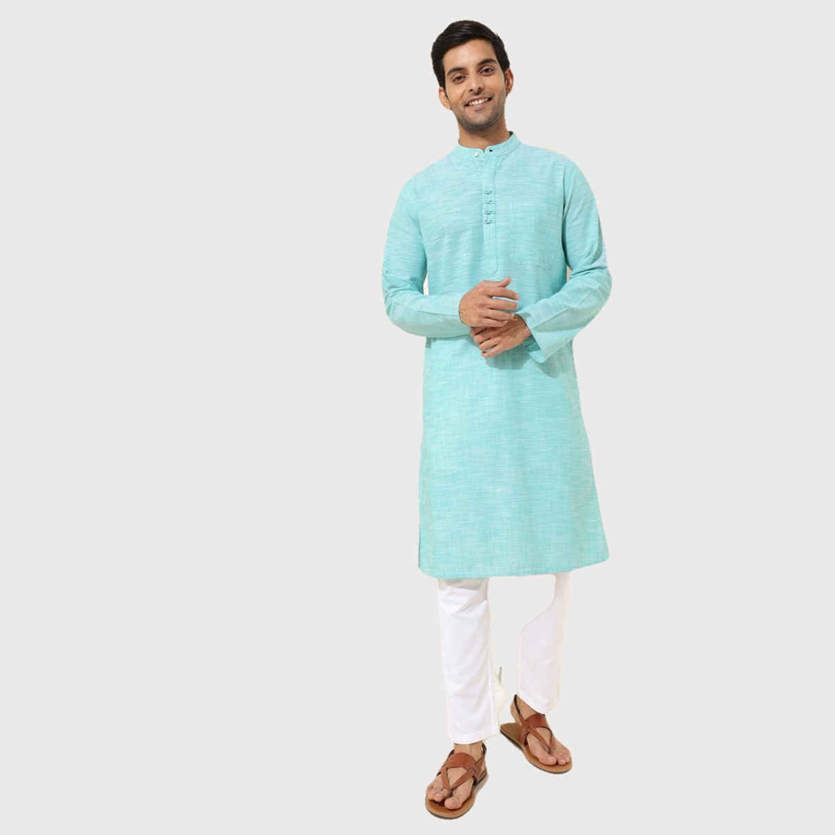 Fabindia Men's Long Kurta Slim Fit Woven | Teal - M