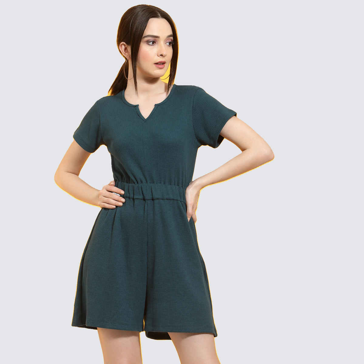 Rigo Women Waffle Knit Playsuit | Teal Green - S