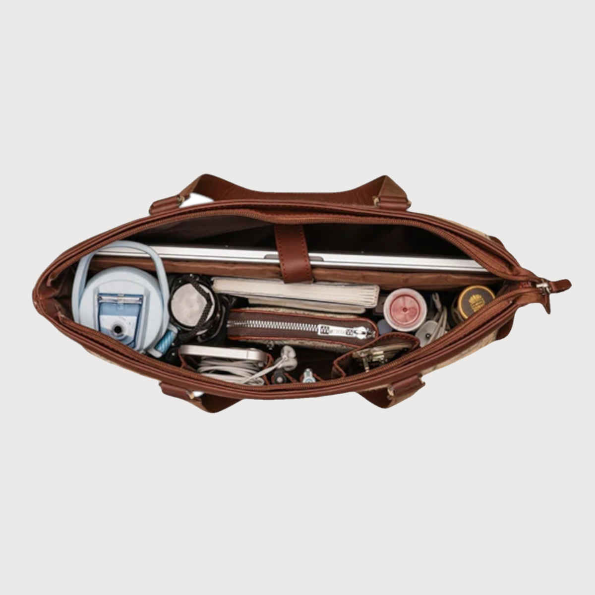 Zouk Women's Printed Vegan Leather and Handcrafted Fabric 13.8L Double Strap Office Bag | Brown