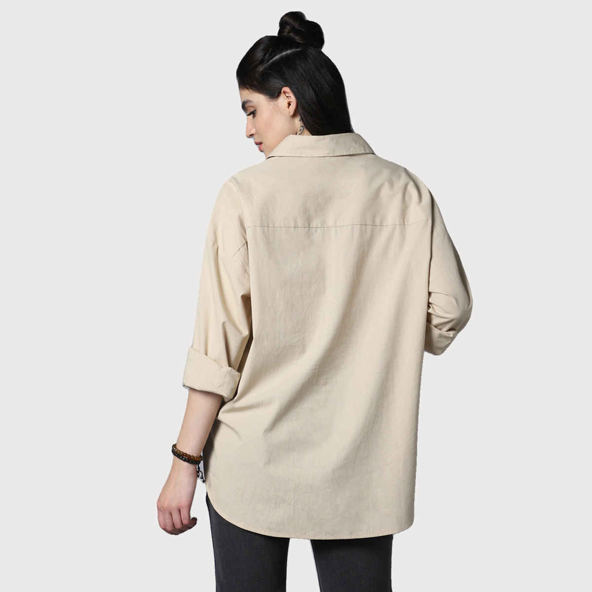 High Star Women Cream Oversized Spread Collar Long Sleeve Cotton Longline Casual Shirt (Size-S)