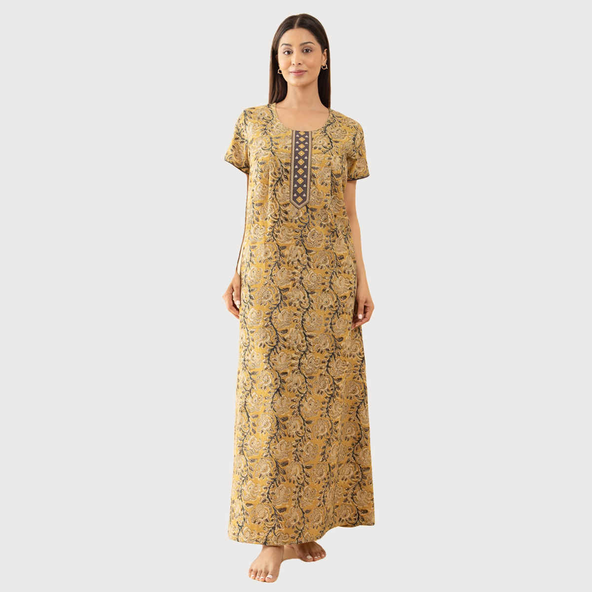 Maybell Women's Cotton Kalamkari Printed Nighty | Mustard - L