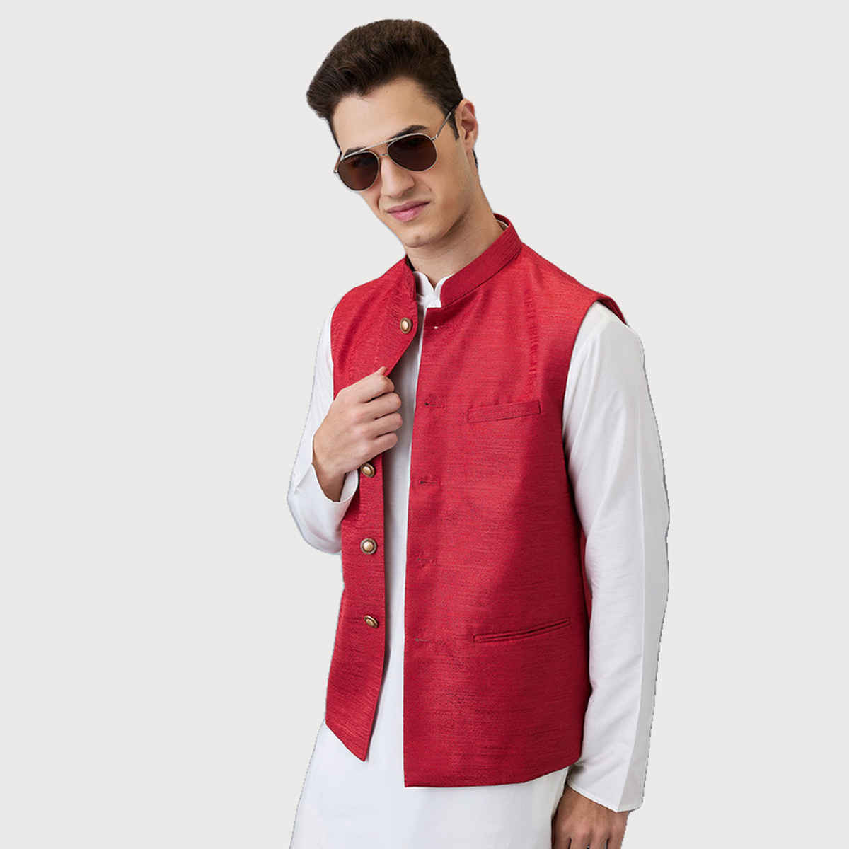 Ethnix by Raymond Men's Regular Fit Pure Polyester Structure Stand Collar Bundi | Medium Red - 2XL