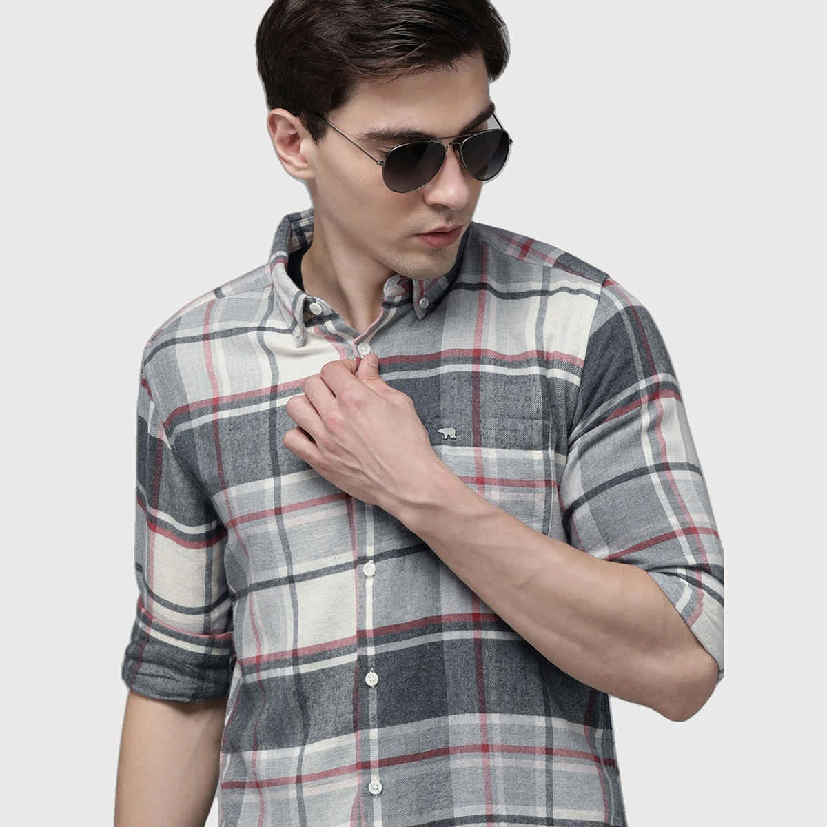 The Bear House Men Slim Fit Flannel Casual Shirt - Izod | Grey | M
