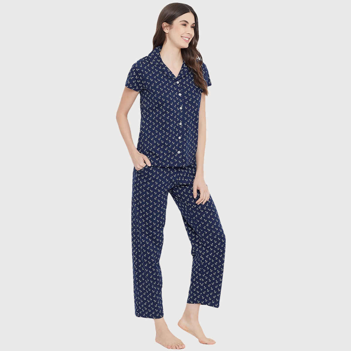 Clovia Button Down Anchor Print Shirt & Pyjama Set - Cotton | Blue | S