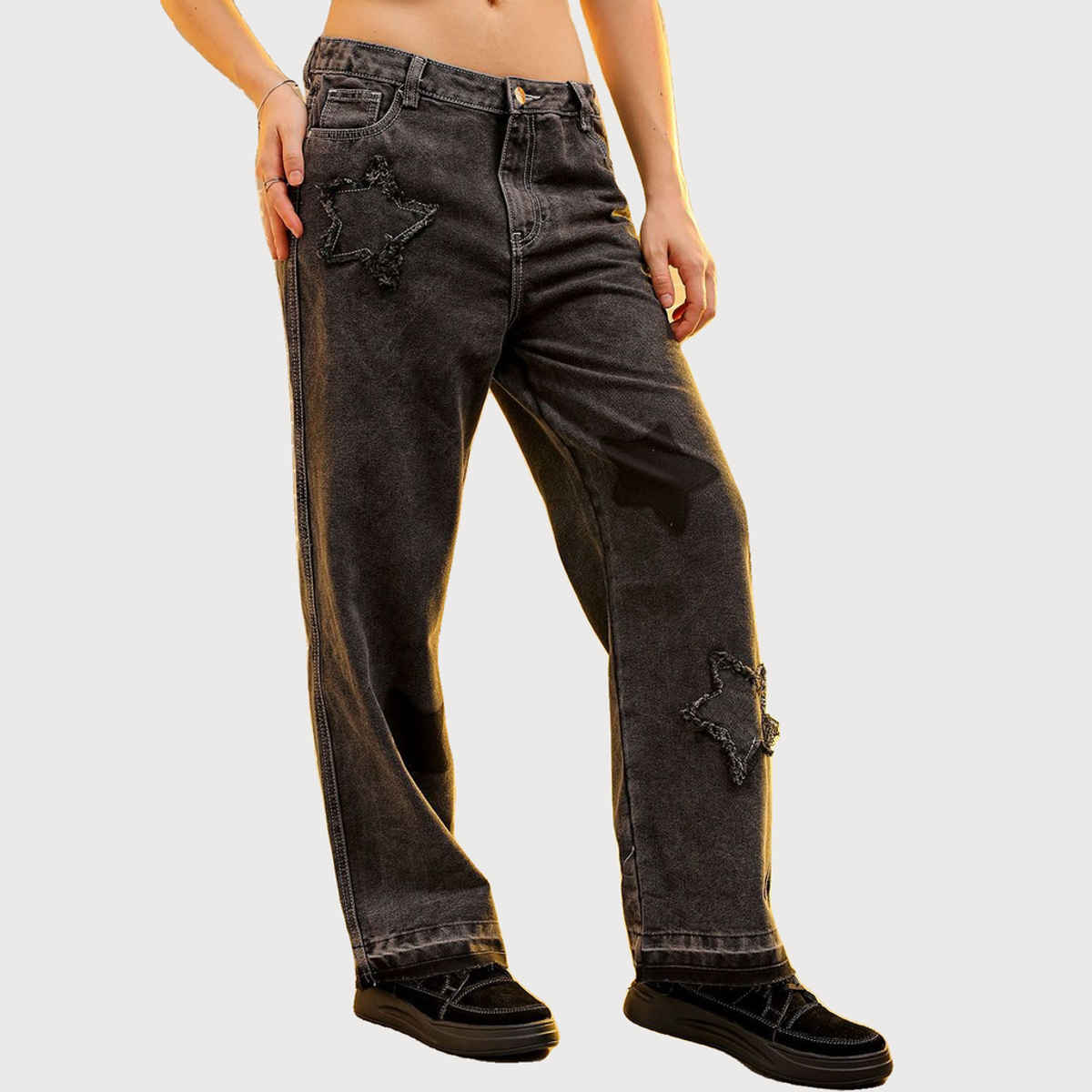 Freehand Women's Bootcut Star Patch Colour Block High Rise Jeans | Grey - 28
