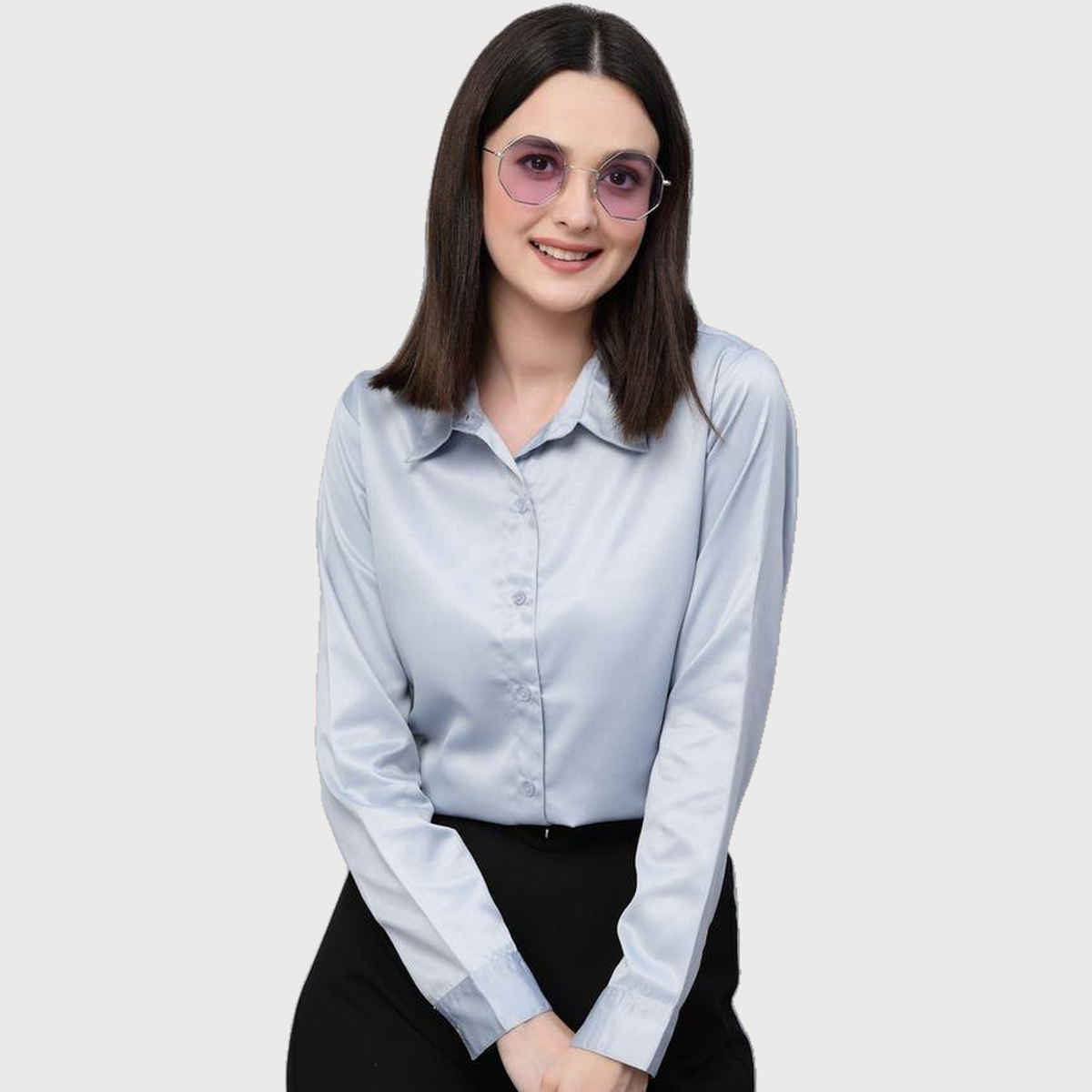 Style Quotient Women Solid Light Grey Satin Formal Shirt-M